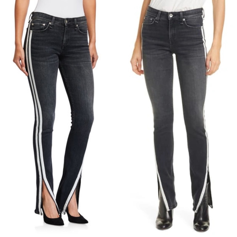 rag & bone Cate Mid Rise Flare Jeans 26 2 dark grey racing stripe split hem
